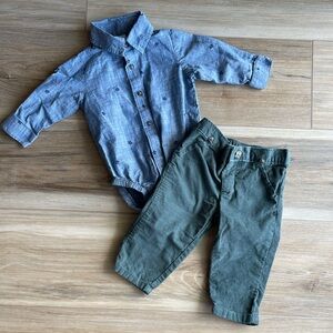 Carter's Blue Leaves Shirt with Corduroy Green Pants
